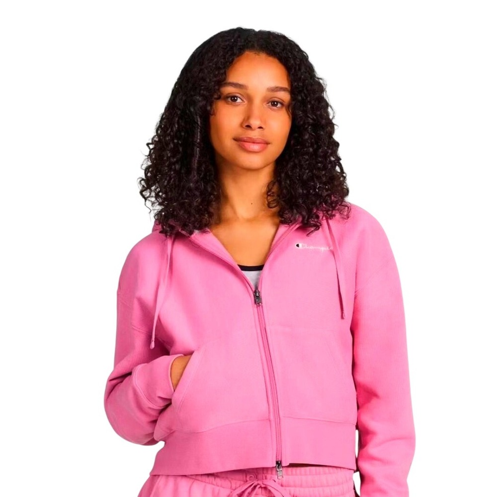 Champion Iconic Cropped Full Zip Hoodie Pink Cosmos Green Details CPW253JK04073